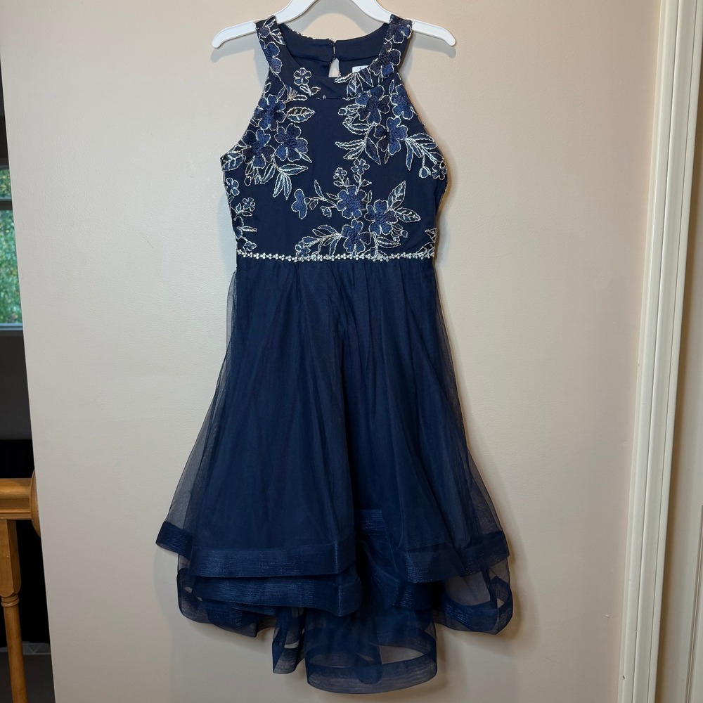 NWT Speechless Kids Navy Blue Floral Embroidered Tulle Hi-Low Dress Girls Sze 14